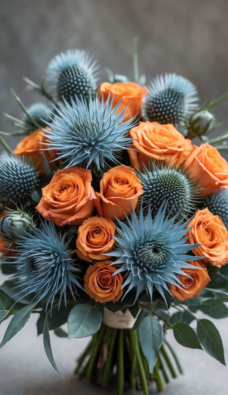 A bridal bouquet featuring dusty blue thistles and burnt orange roses.